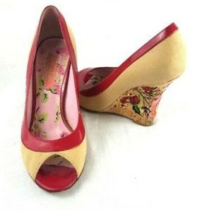 Betsey Johnson Embroidered Cork Wedges
